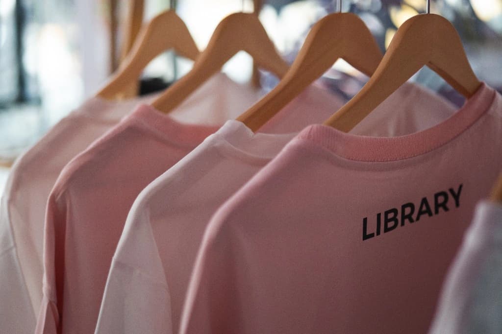 Library — футболки с принтом на деревянных вешалках